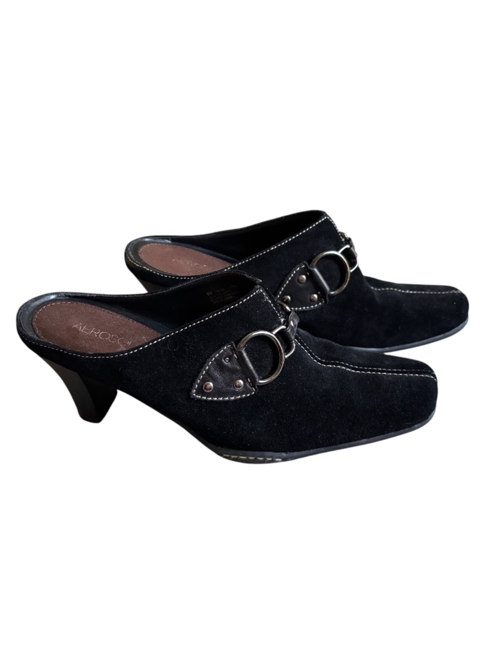 NIB Aerosoles Cinch Worm Size 9 Black Suede Mule Heels – Silver Buckle Comfort